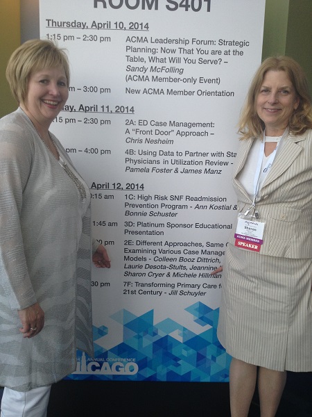 Michele Hillman, DNP, Senior Director, Case Management, Care Management and Clinical Documentation Improvement for the Children’s Hospital of Philadelphia, standing in front of a conference session listing where she's presenting